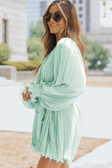 Green Pleated Ruffled Tie Waist Buttons V Neck Romper Jumpsuits & Rompers JT's Designer Fashion