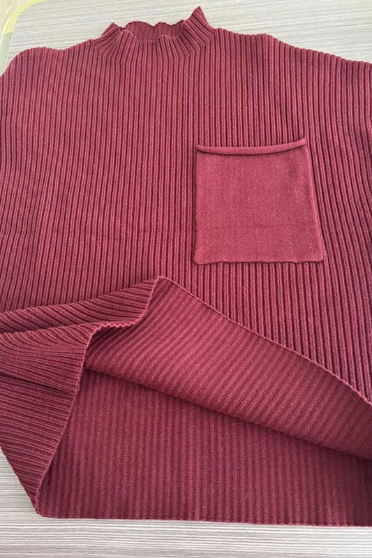 Mineral Red Patch Pocket Ribbed Knit Short Sleeve Sweater Sweaters & Cardigans JT's Designer Fashion