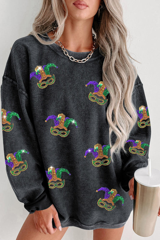 Black Mardi Gras Sequined Fleur De Lis Pattern Corded Sweatshirt Black 100%Polyester Graphic Sweatshirts JT's Designer Fashion