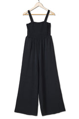 Black Smocked Sleeveless Wide Leg Jumpsuit with Pockets Jumpsuits & Rompers JT's Designer Fashion