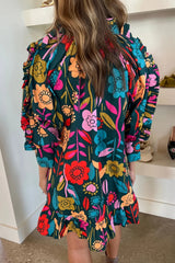 Green Flower Print Ruffled Trim V Neck Mini Dress Dresses JT's Designer Fashion