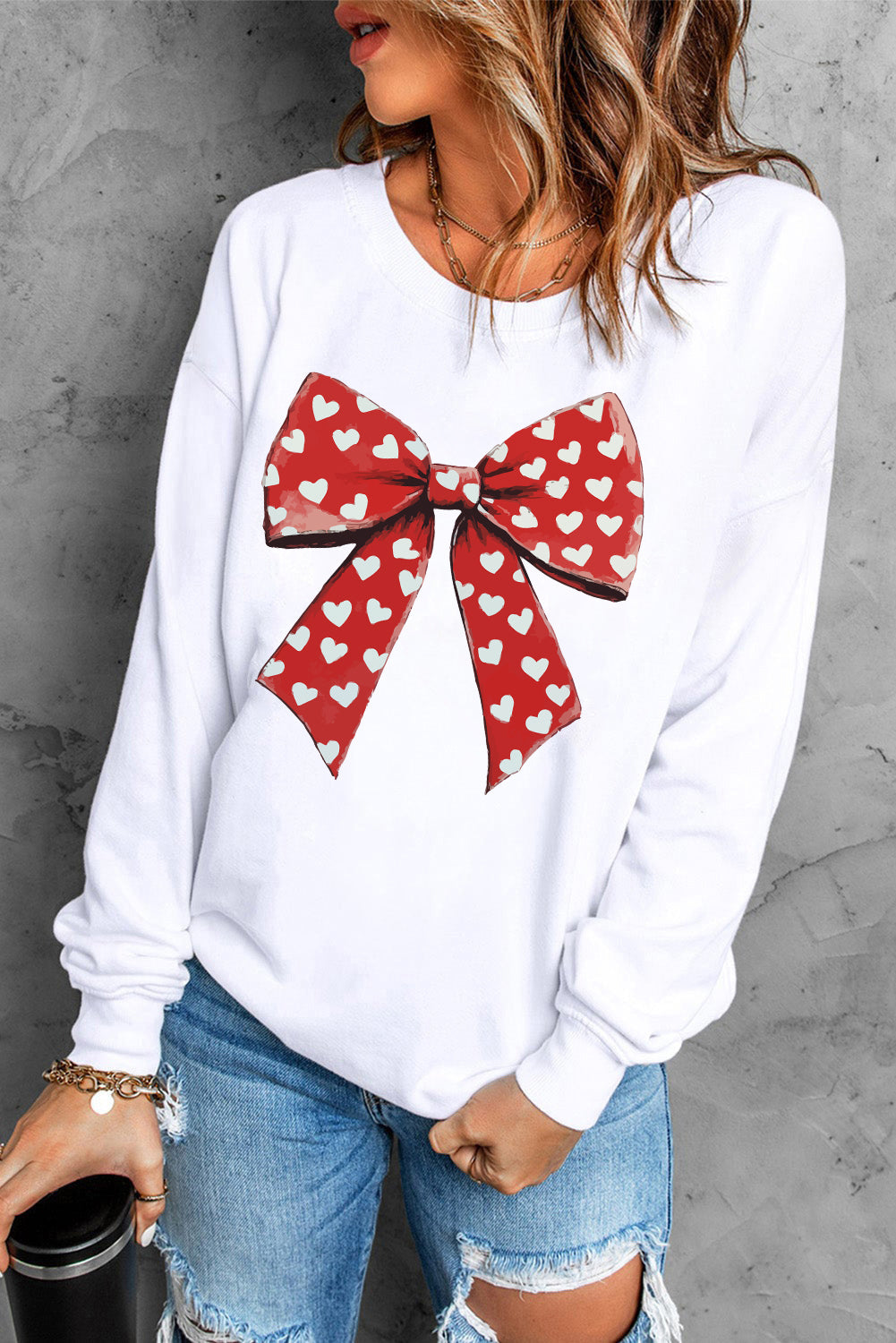 White Heart Bow Printed Round Neck Valentines Pullover Sweatshirt Graphic Sweatshirts JT's Designer Fashion