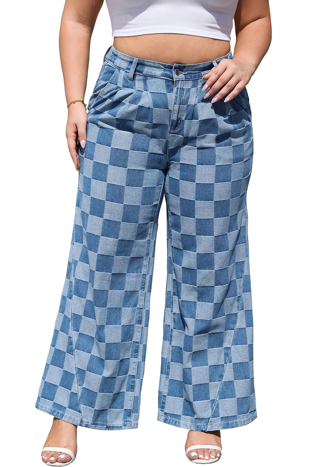 Dusk Blue Plus Size Checkered Seamed High Waist Wide Leg Jeans Plus Size Bottoms JT's Designer Fashion