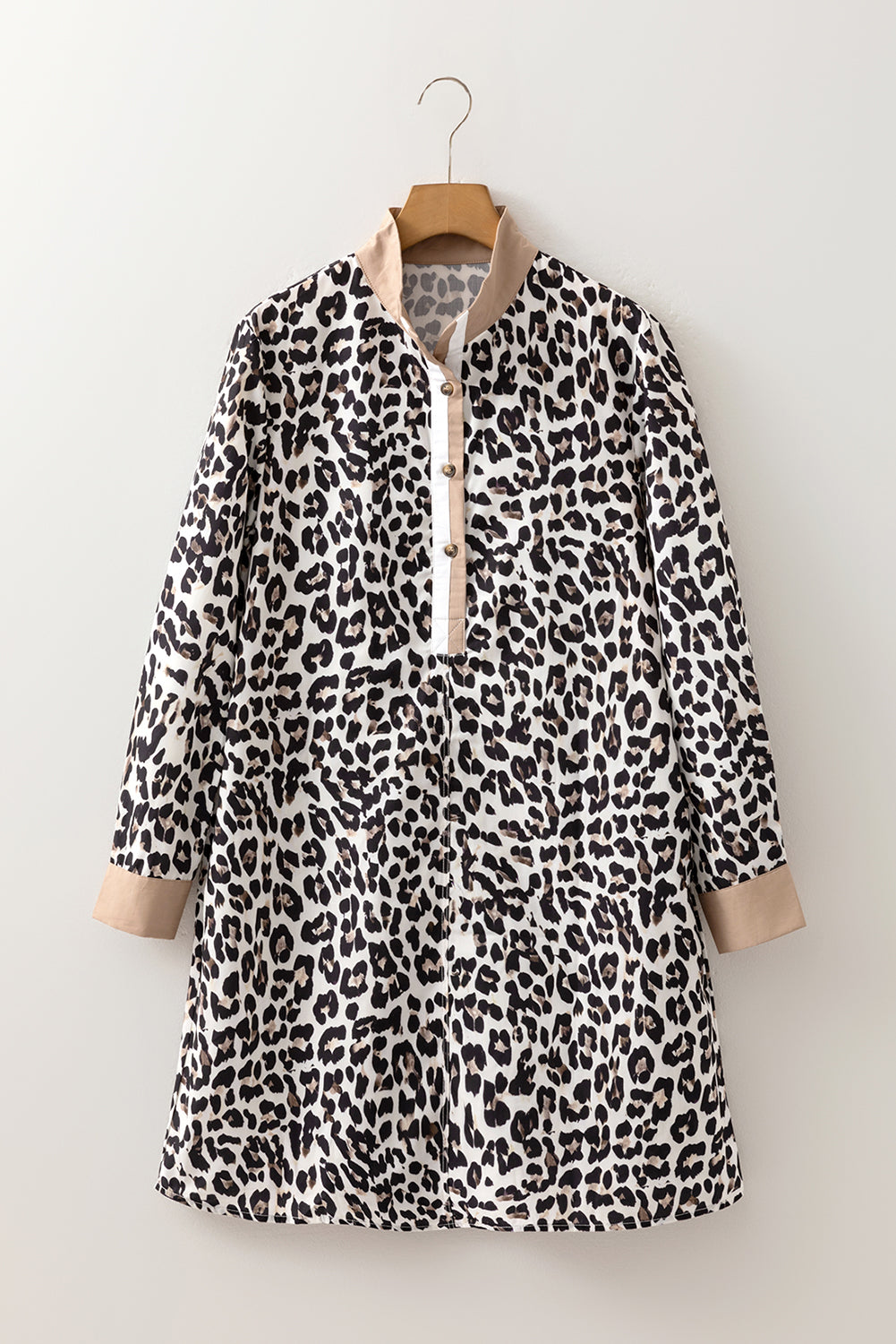 Multicolour Button Striped Collar Leopard Print Long Sleeve Flared Dress Mini Dresses JT's Designer Fashion