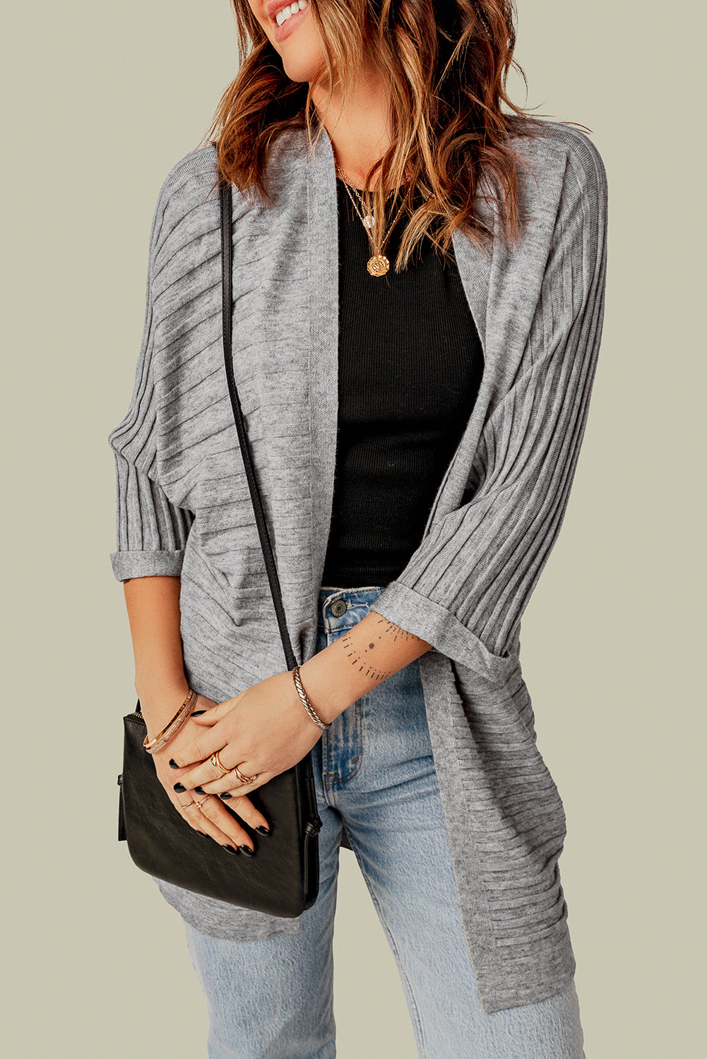 Gray Ribbed Open Front Knit Cardigan Sweaters & Cardigans JT's Designer Fashion