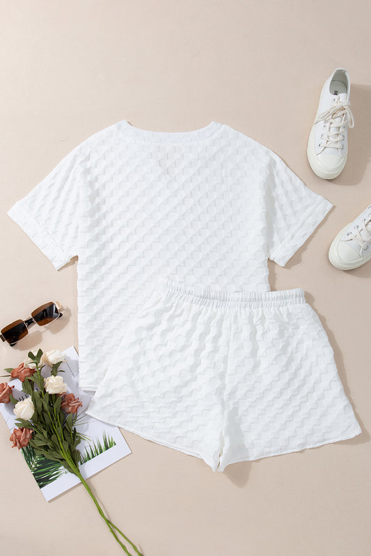 White Textured Split Neck Top and Drawstring Shorts Set Short Sets JT's Designer Fashion