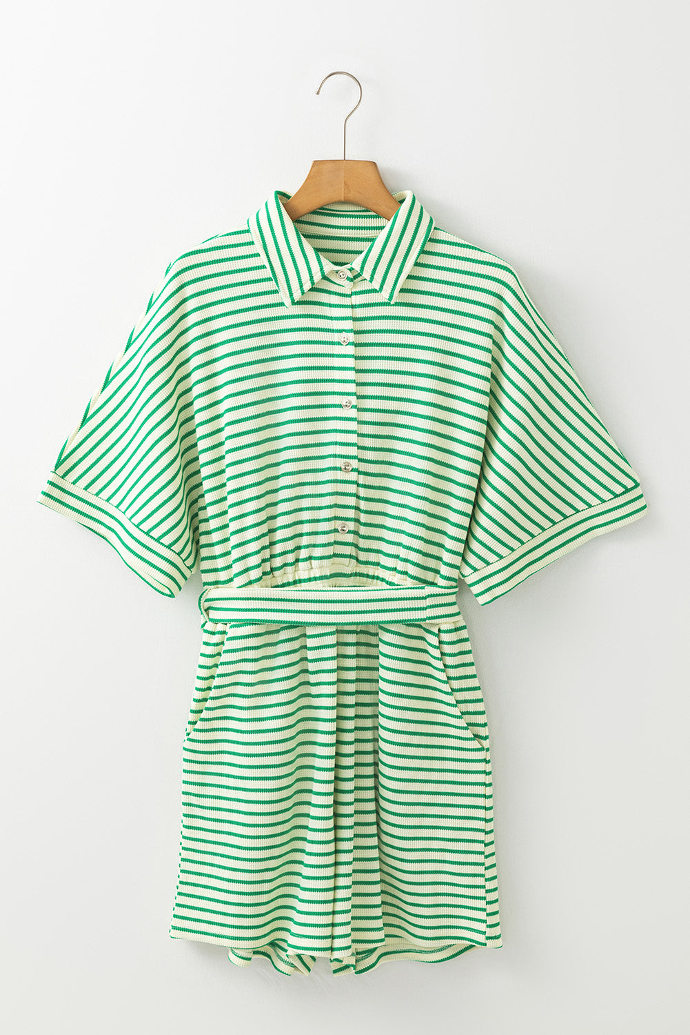 Green Stripe Textured Short Sleeve Collared Buttoned Waist Tie Romper Jumpsuits & Rompers JT's Designer Fashion