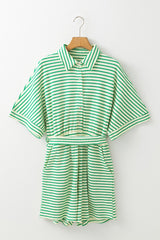 Green Stripe Textured Short Sleeve Collared Buttoned Waist Tie Romper Jumpsuits & Rompers JT's Designer Fashion