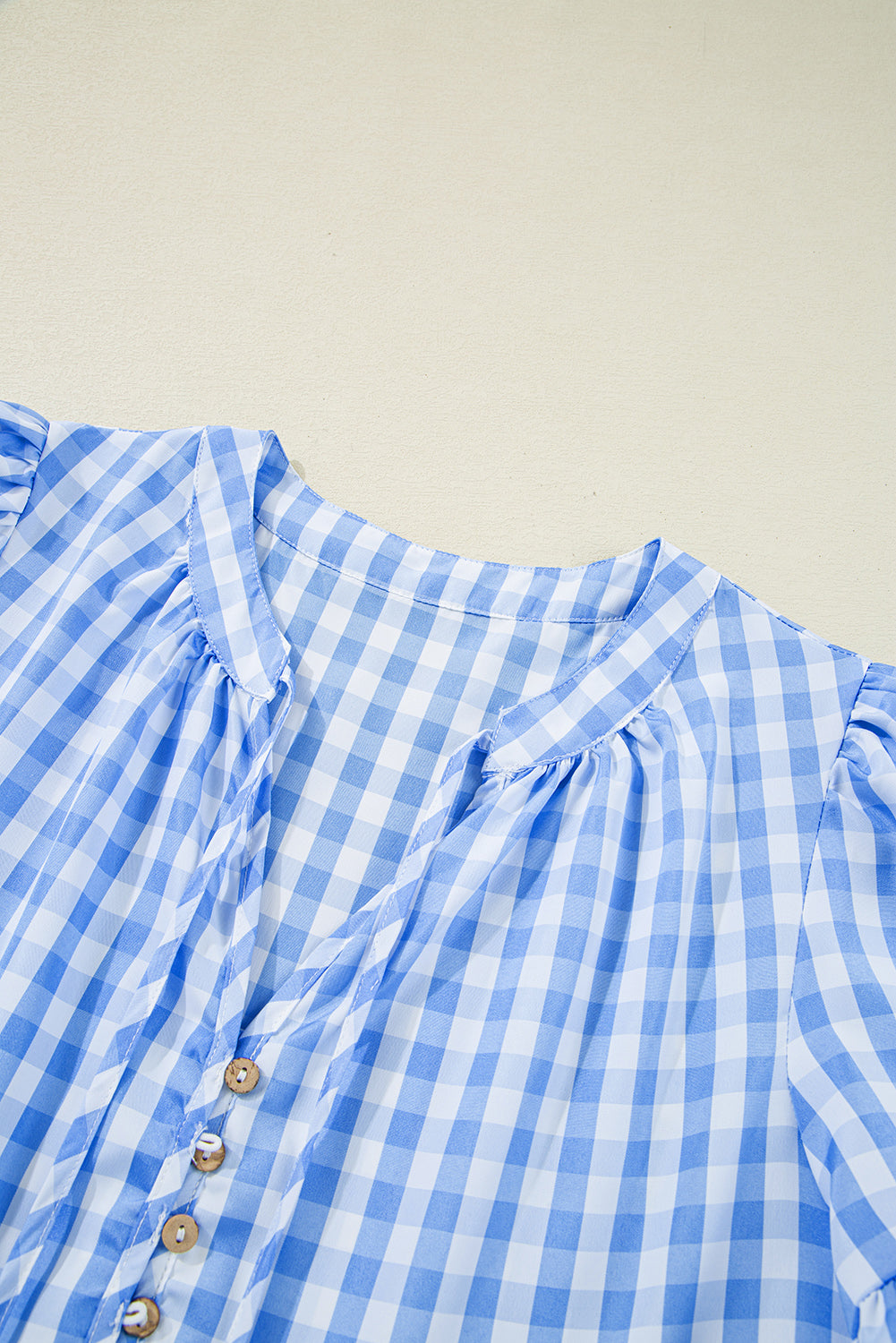 Sky Blue Gingham Short Sleeve Button Tie Split Neck Loose Mini Dress Mini Dresses JT's Designer Fashion