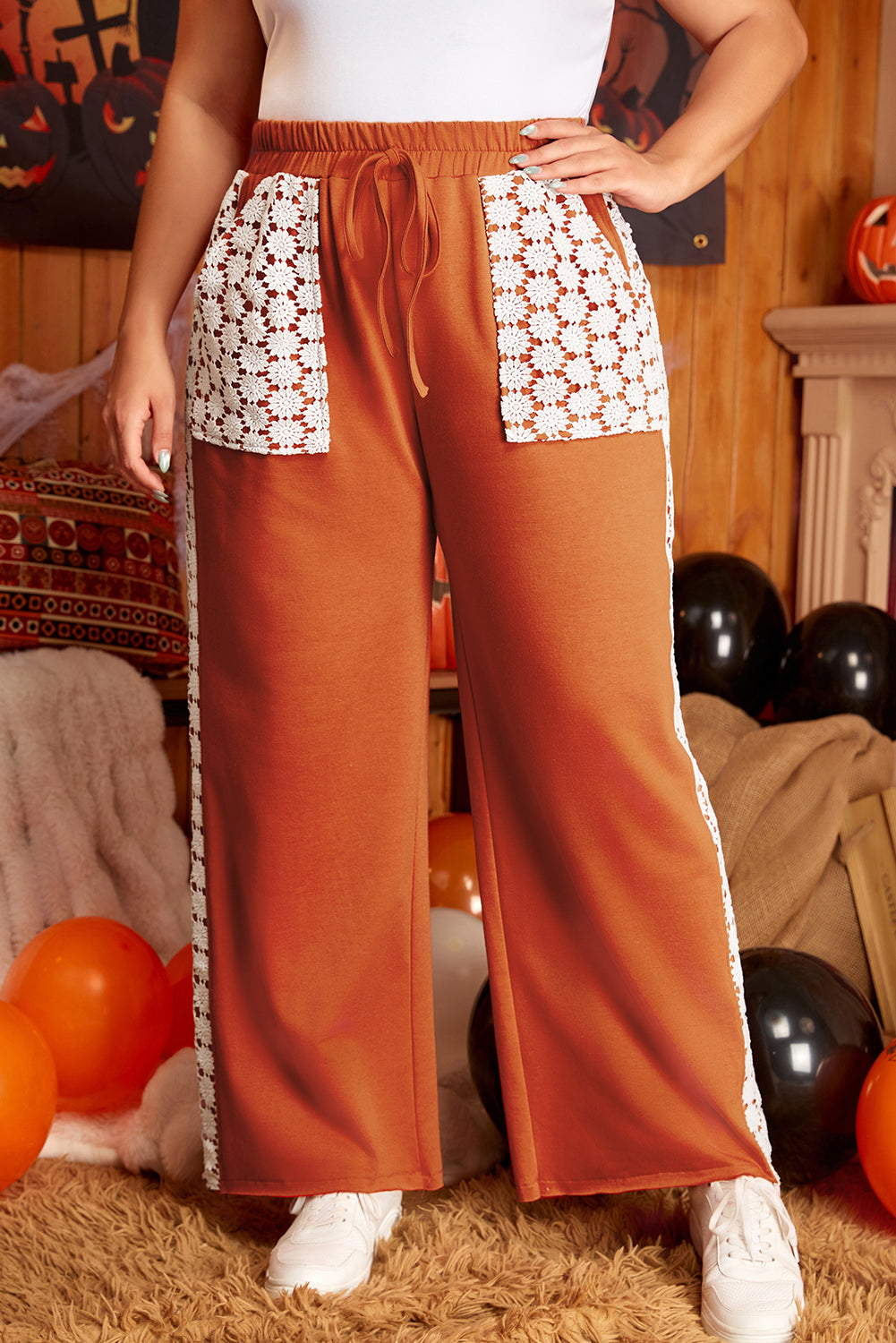 Gold Flame Plus Size Floral Crochet Patch Drawstring Wide Leg Pants Gold Flame 85%Polyester+10%Cotton+5%Elastane Plus Size Bottoms JT's Designer Fashion