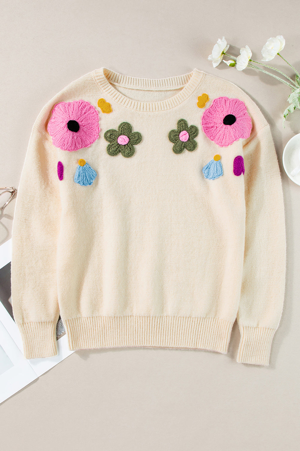 Beige Knitted Flower Pattern Ribbed Edge Sweater Sweaters JT's Designer Fashion
