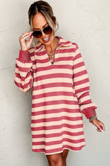 Pink Stripe Collared V Neck Long Sleeve Loose Casual Dress Mini Dresses JT's Designer Fashion