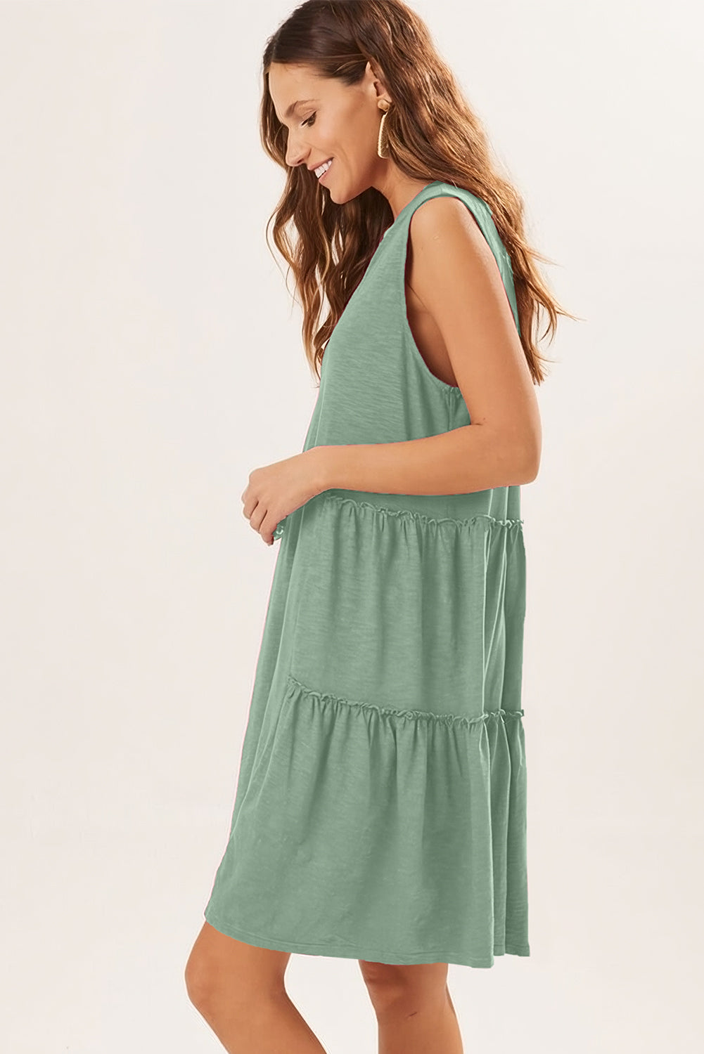 Moonlight Jade Split V Neck Tiered Flowy Sleeveless Dress Dresses JT's Designer Fashion