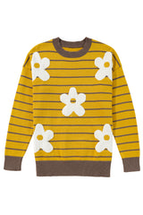 Yellow Stripe Daisy Floral Knitted Round Neck Sweater Sweaters JT's Designer Fashion