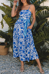 Blue Floral Printed Spaghetti Strap Maxi Dress with Waist Tie Floral Dresses JT's Designer Fashion