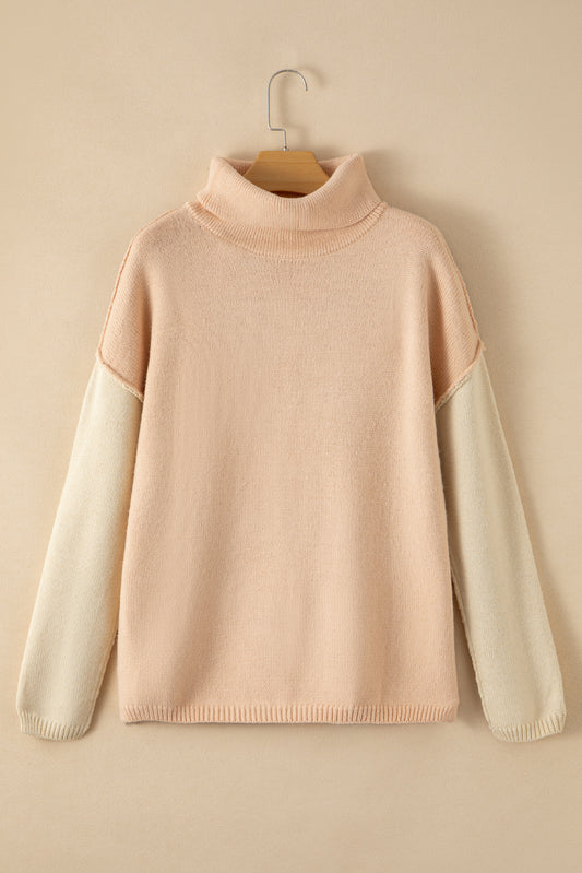 Pale Chestnut Color Block Turtle Neck Drop Shoulder Knit Sweater Sweaters JT's Designer Fashion