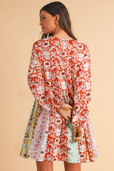 Red Colorful Floral Patchwork Long Sleeve Pleated Mini Dress Floral Dresses JT's Designer Fashion