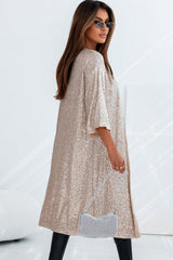 Apricot Sequin 3/4 Sleeve Open Front Duster Kimono Kimonos JT's Designer Fashion