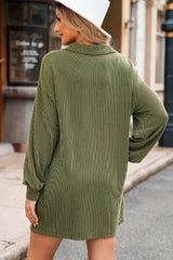 Moss Green Corded Buttons Placket Drop Shoulder Collared Shift Dress Mini Dresses JT's Designer Fashion