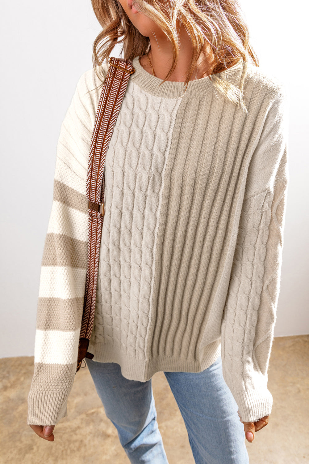 Khaki Cable Knit Colorblock Crew Neck Drop Shoulder Sweater Khaki 42%Acrylic+30%Polyester+28%Polyamide Sweaters JT's Designer Fashion