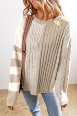 Khaki Cable Knit Colorblock Crew Neck Drop Shoulder Sweater Khaki 42%Acrylic+30%Polyester+28%Polyamide Sweaters JT's Designer Fashion
