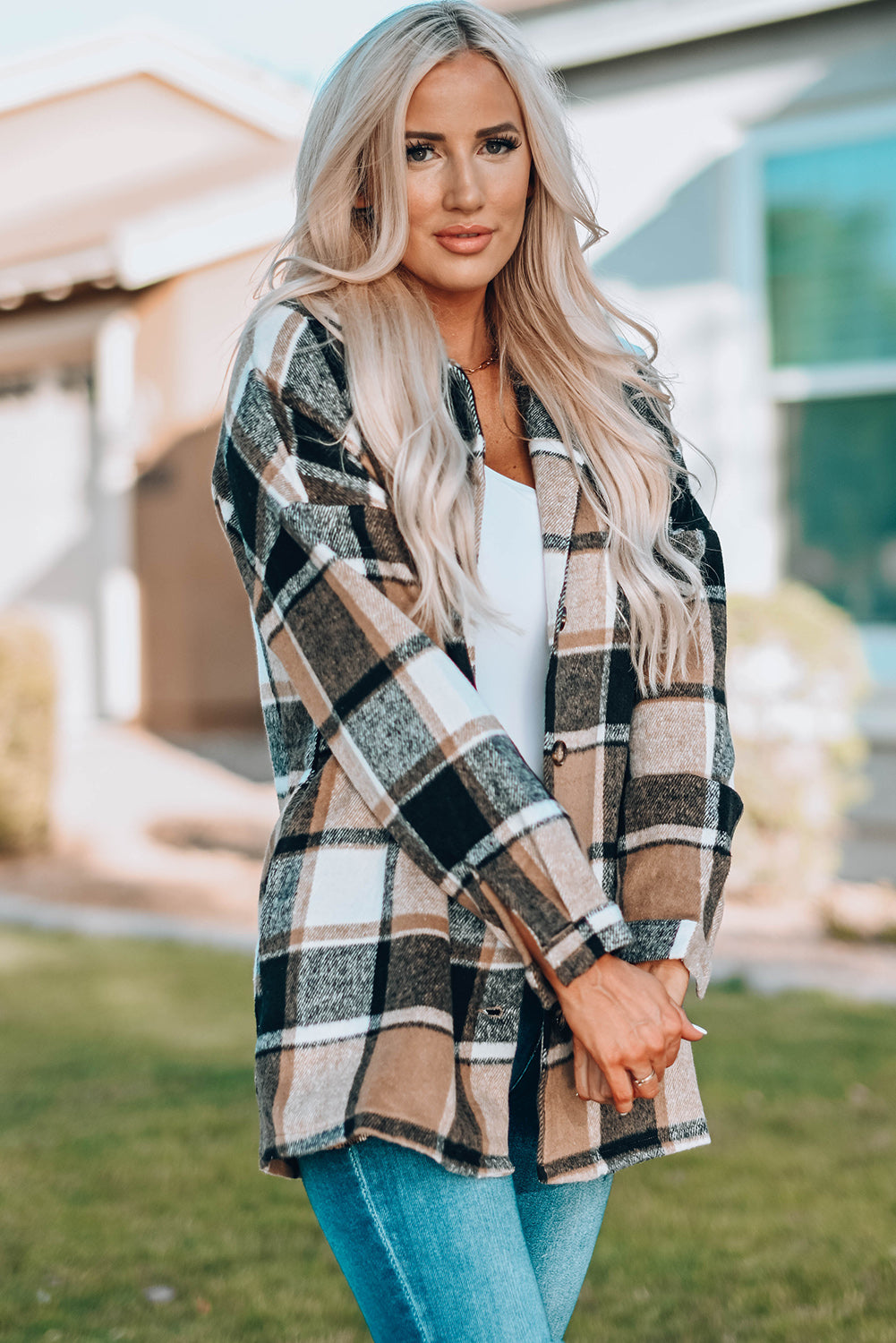 Plaid Print Buttoned Shirt Jacket Plaid Shackets JT's Designer Fashion