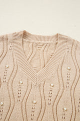 Smoke Gray Pearl Beaded Pointelle Knit V Neck Lace Patchwork Sleeve Sweater Sweaters JT's Designer Fashion