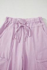 Pink Mineral Wash Exposed Seam Drawstring High Waist Wide Leg Cargo Pants Casual Shorts JT's Designer Fashion
