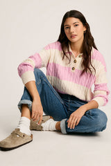 Pink Stripe Cable Knit Collared Henley Sweater Sweaters JT's Designer Fashion