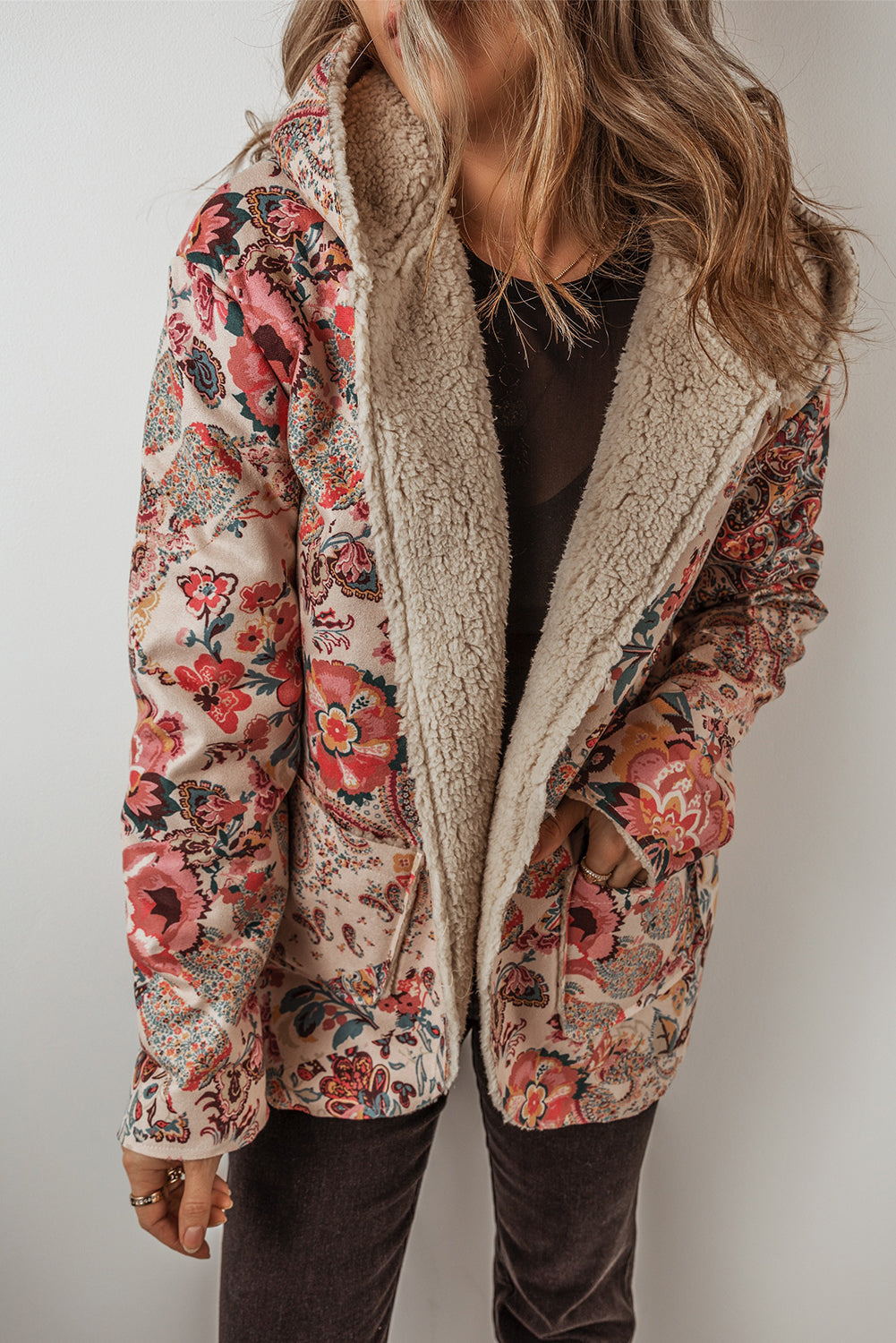 Beige Vintage Paisley Floral Printed Sherpa Lined Hooded Jacket Jackets JT's Designer Fashion