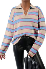 Apricot Stripe Collared V Neck Drop Shoulder Loose Sweater Sweaters JT's Designer Fashion