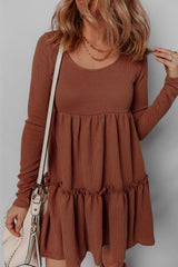 Straw Yellow Ribbed Frilled Trim High Waist Long Sleeve Mini Dress Mini Dresses JT's Designer Fashion