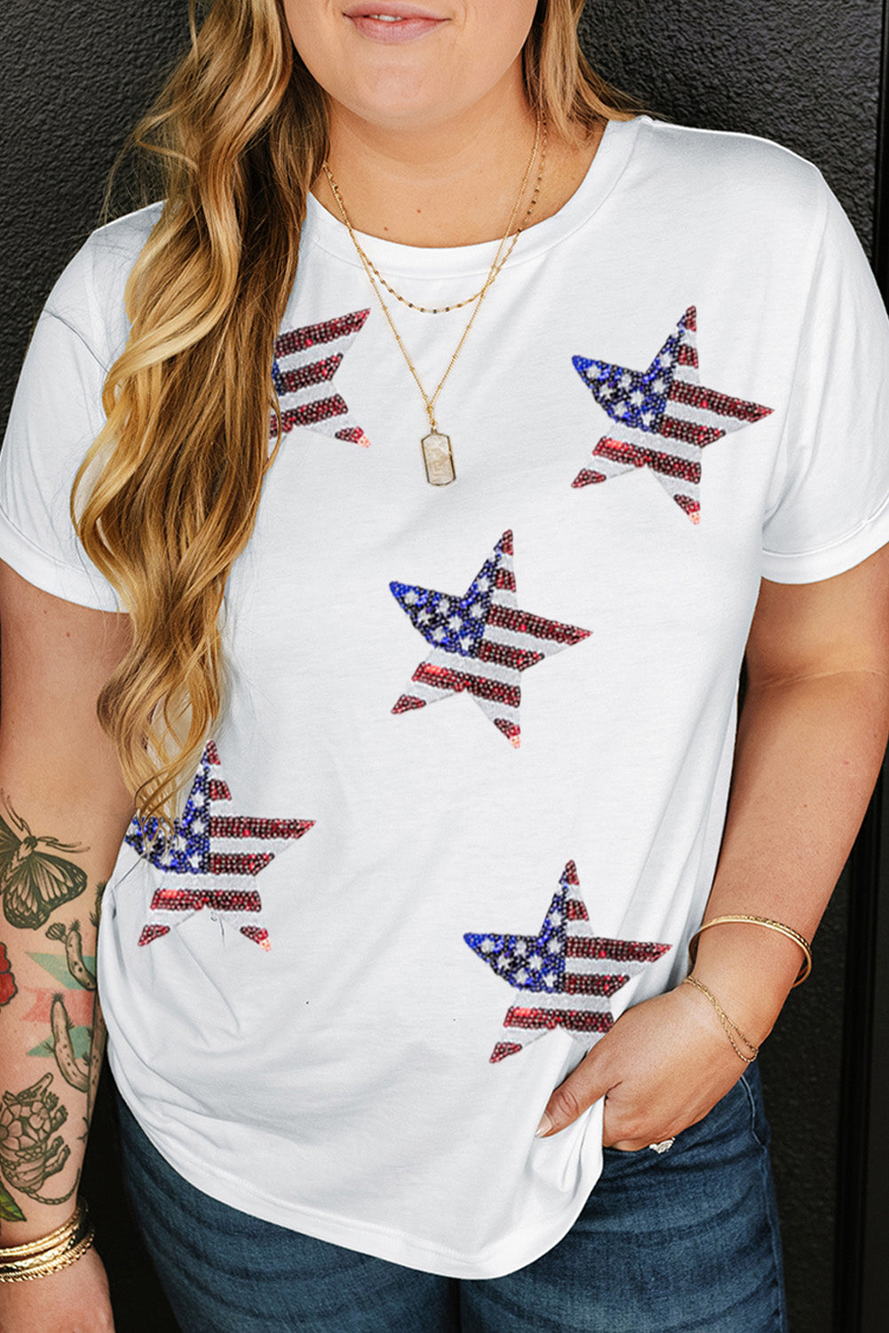 White Sequin American Flag Star Pattern Plus Size Tee Graphic Plus Size JT's Designer Fashion