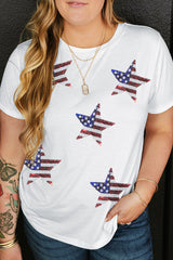 White Sequin American Flag Star Pattern Plus Size Tee Graphic Plus Size JT's Designer Fashion