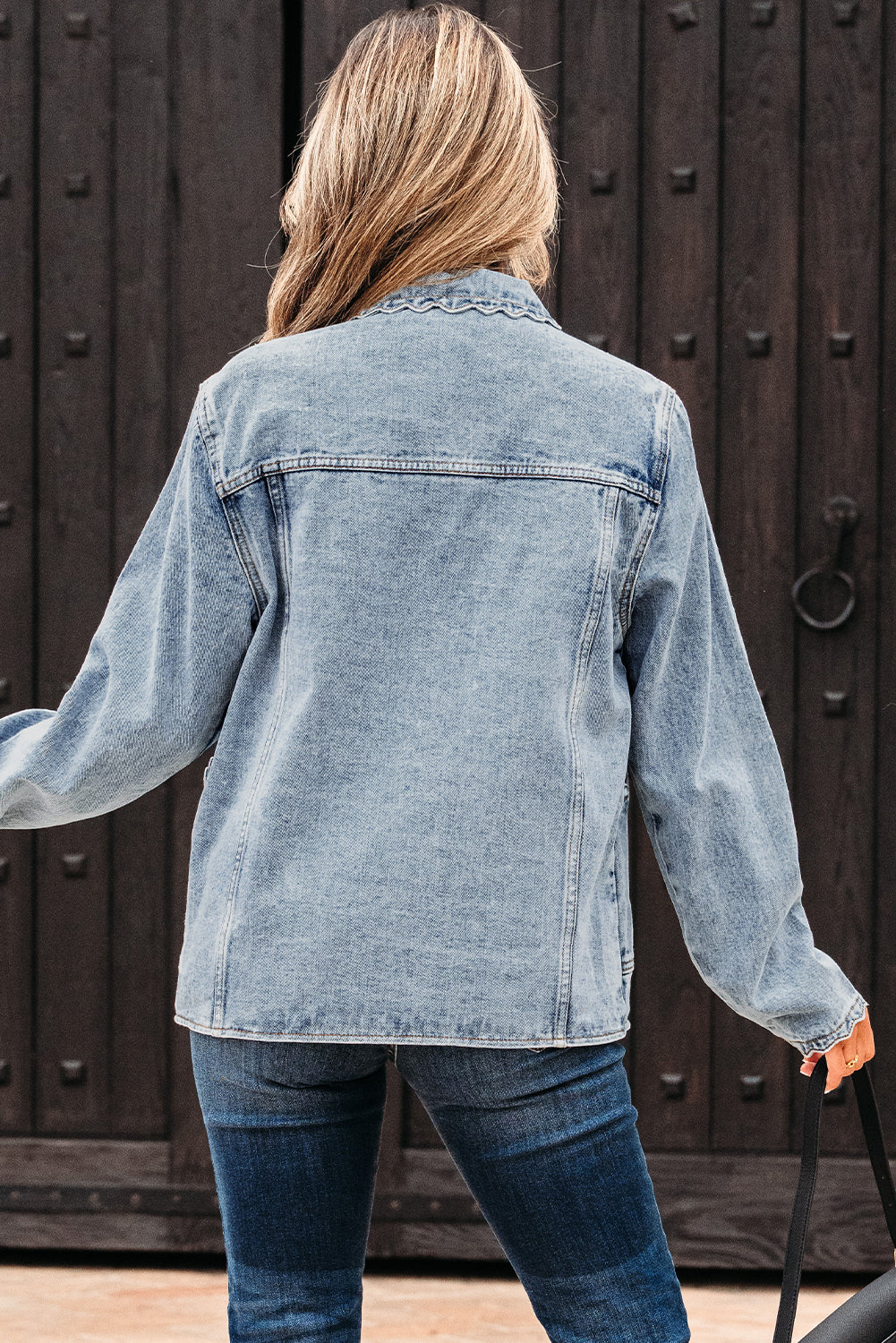 Myosotis Scallop Trim Collar Patched Pocket Button Up Denim Jacket Denim Jackets JT's Designer Fashion