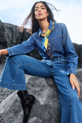 Dark Blue Plain Seam Detail Flared Bottom Ankle Length Jeans Jeans JT's Designer Fashion