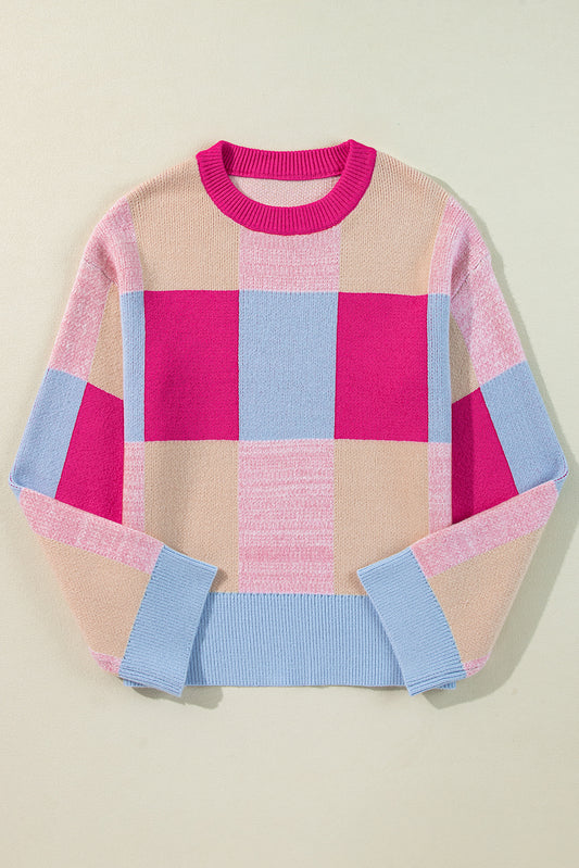 Rose Red Color Block Drop Shoulder Crewneck Loose Fit Sweater Sweaters JT's Designer Fashion