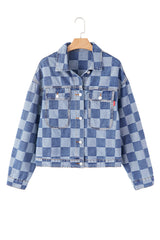 Light Blue Checkered Patchwork Button up Denim Jacket Denim Jackets JT's Designer Fashion