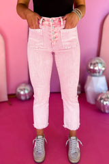 Apricot Pink Multi Buttons Raw Edge Crop Jeans Jeans JT's Designer Fashion