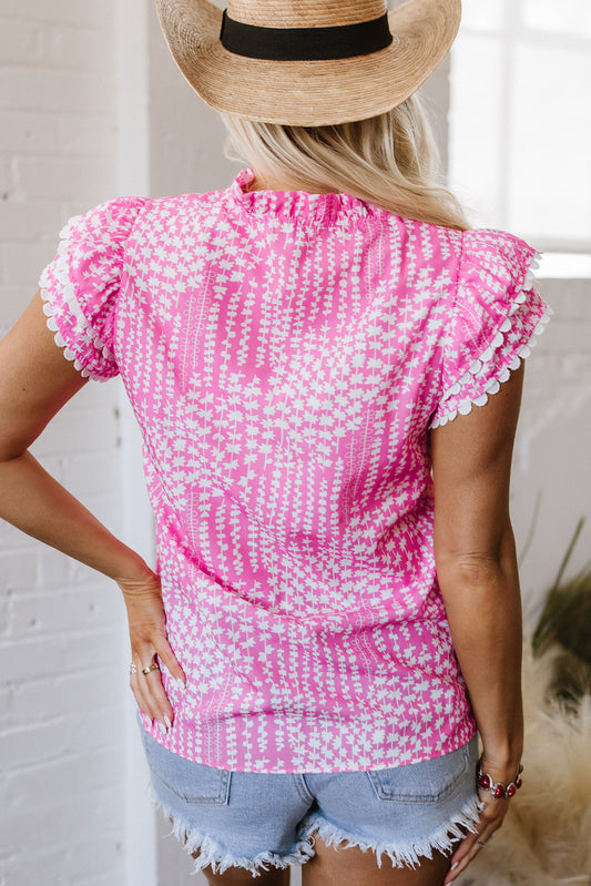 Pink Abstract Print Ric Rac Trim Flutter Sleeve Notch V Neck Blouse Blouses & Shirts JT's Designer Fashion