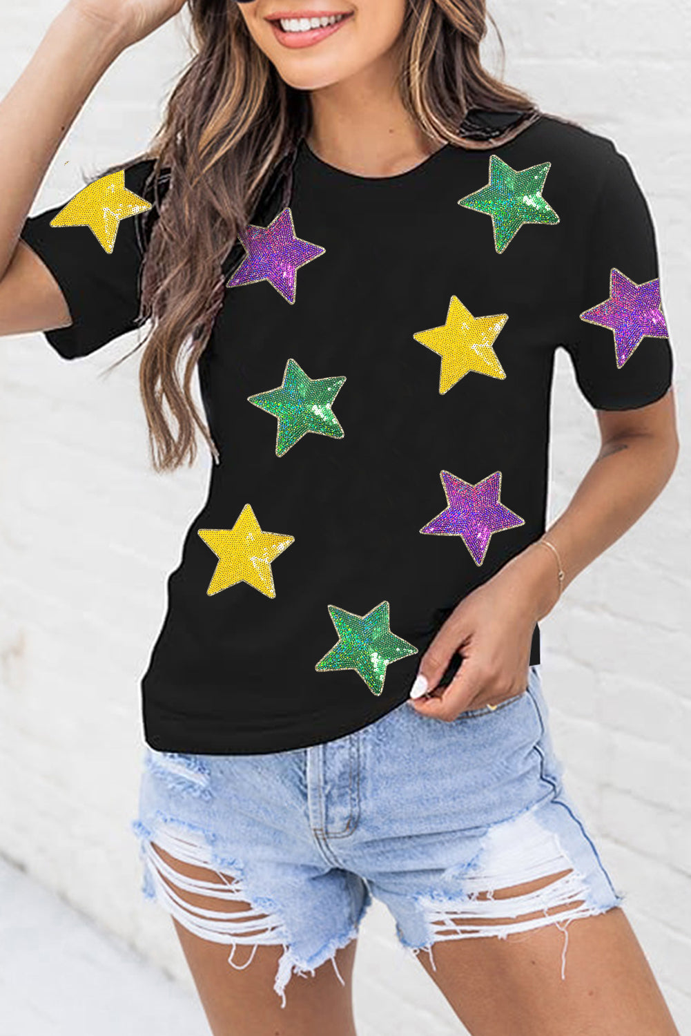 Black Colorful Sequin Stars Patched Relaxed T Shirt Graphic Tees JT's Designer Fashion