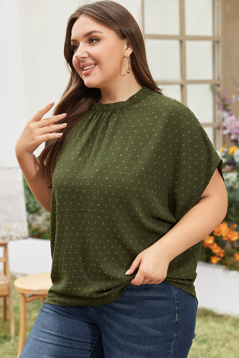 Moss Green Mock Neck Tied Nape Swiss Dot Plus Size Top Plus Size JT's Designer Fashion