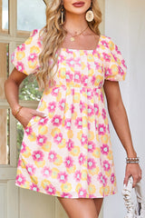 Rose Vibrant Floral Square Neck Puff Sleeve Pleated Flared Midi Dress Floral Dresses JT's Designer Fashion