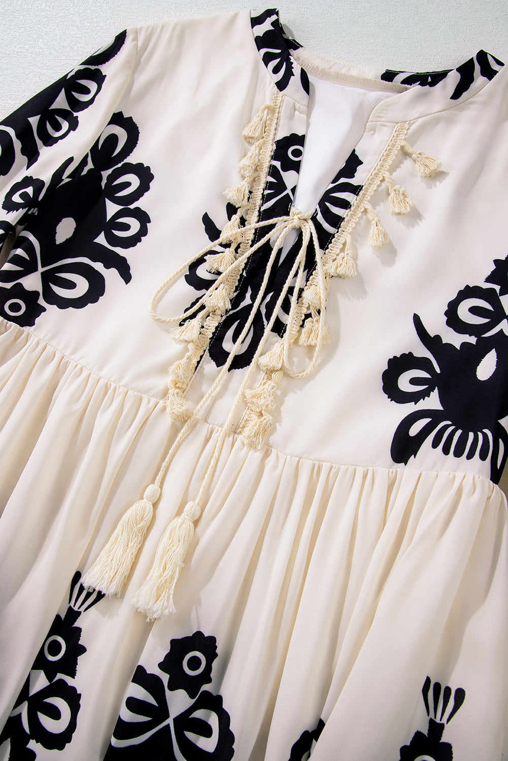 Beige Western Pattern Print Tasseled Notch V Neck Mini Dress Mini Dresses JT's Designer Fashion