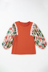 Desert Gold Floral Puff Sleeve Patchwork Round Neck Blouse Blouses & Shirts JT's Designer Fashion