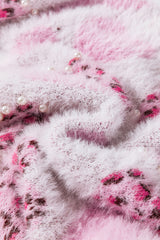 Pink Heart Leopard Print Pearled Ribbed Trim Fuzzy Sweater Sweaters JT's Designer Fashion