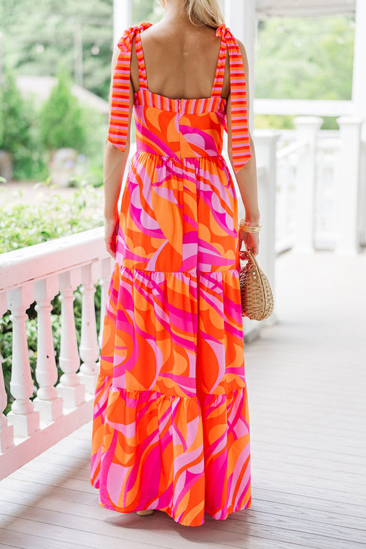 Red Abstract Print Knotted Shoulder High Waist Long Dress Maxi Dresses JT's Designer Fashion