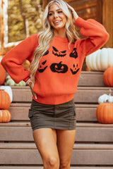 Orange Halloween Pumpkin Face Pattern Drop Shoulder Sweater Sweaters JT's Designer Fashion
