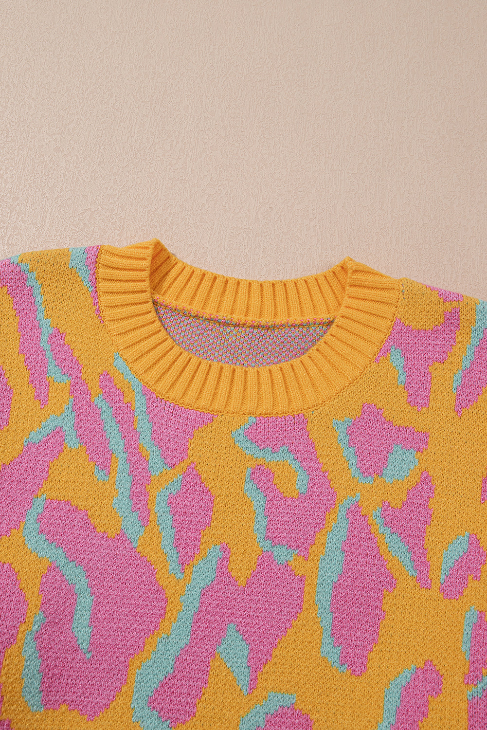 Bright Pink Plus Size Leopard Ribbed Trim Sweater Plus Size Sweaters & Cardigans JT's Designer Fashion