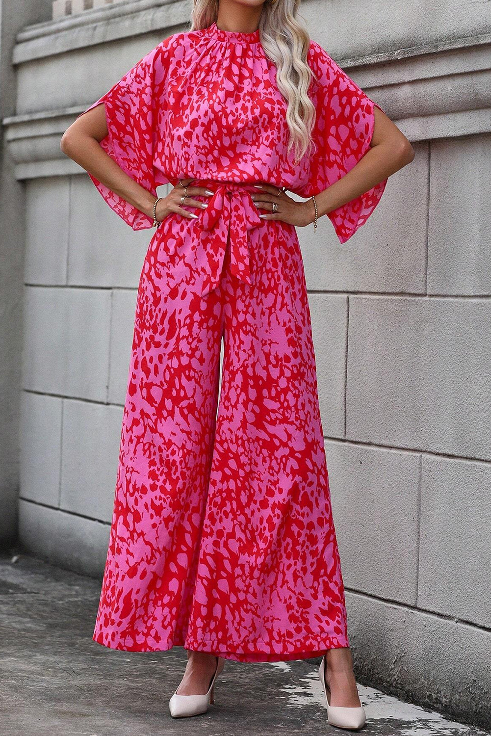 Rose Leopard Loose Sleeve Belted Wide Leg Jumpsuit Bottoms JT's Designer Fashion